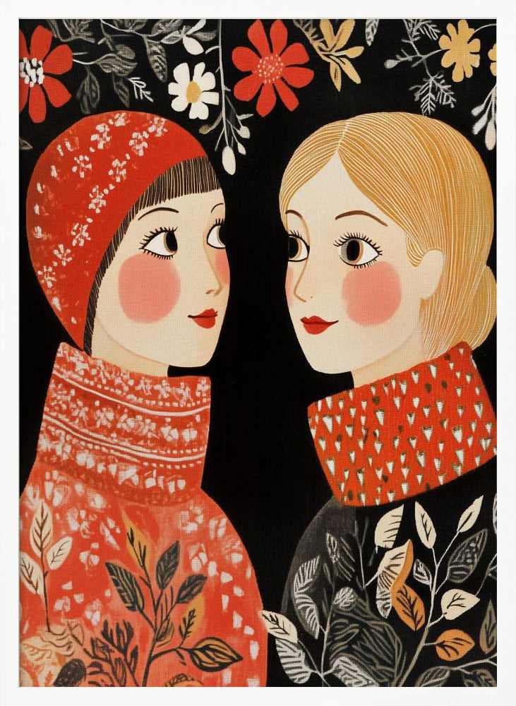 An illustrative folk art style portrait of two women facing each other against a black background. The woman on the left wears a red patterned cap and sweater, while the one on the right has blonde hair and a sweater with a red patterned collar. Red, white, and yellow flowers hang above them. Print