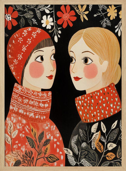 An illustrative folk art style portrait of two women facing each other against a black background. The woman on the left wears a red patterned cap and sweater, while the one on the right has blonde hair and a sweater with a red patterned collar. Red, white, and yellow flowers hang above them. Print