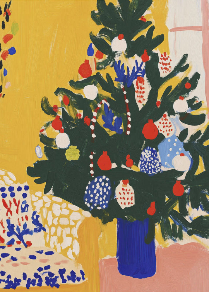 A vibrant, modern painting of a decorated Christmas tree in an expressive, painterly style. The dark green tree, adorned with red, white, and blue ornaments, stands in a cobalt blue vase against a bright yellow wall, with a patterned chair in the foreground. Artwork