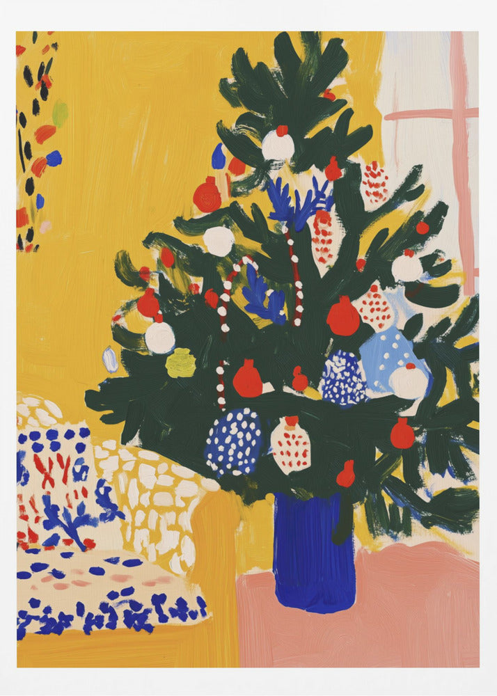 A vibrant, modern painting of a decorated Christmas tree in an expressive, painterly style. The dark green tree, adorned with red, white, and blue ornaments, stands in a cobalt blue vase against a bright yellow wall, with a patterned chair in the foreground. Artwork