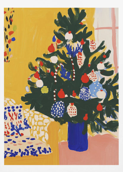 A vibrant, modern painting of a decorated Christmas tree in an expressive, painterly style. The dark green tree, adorned with red, white, and blue ornaments, stands in a cobalt blue vase against a bright yellow wall, with a patterned chair in the foreground. Artwork