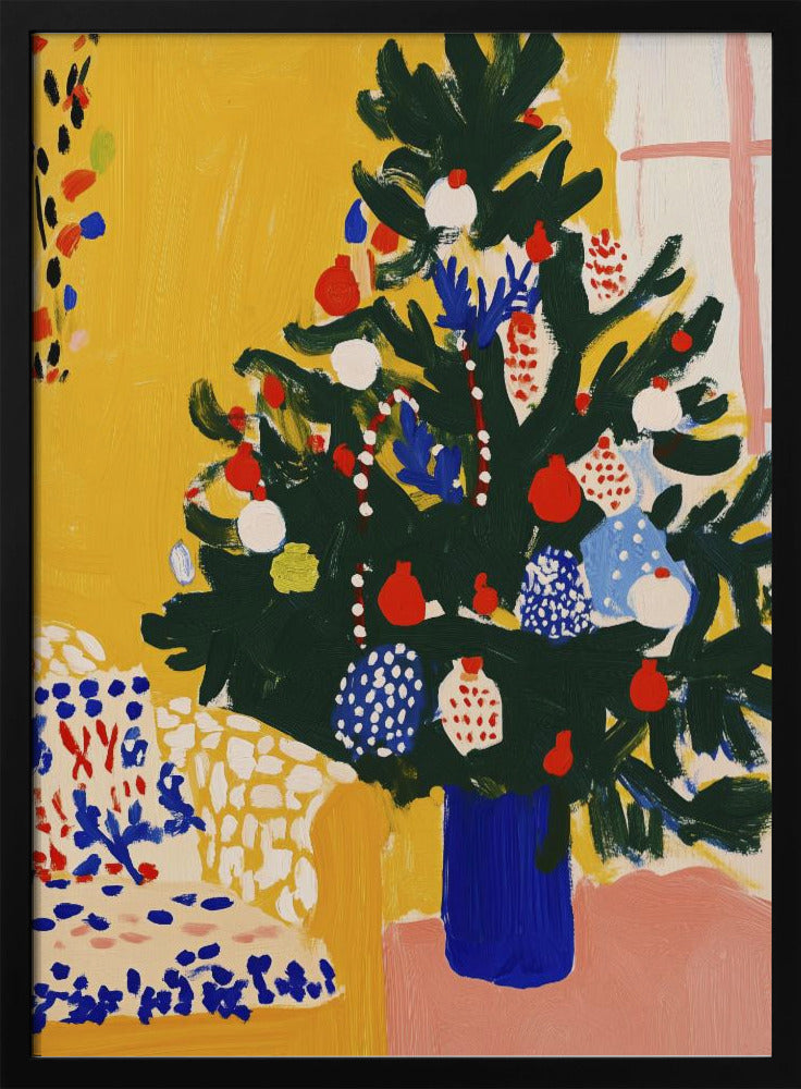 A vibrant, modern painting of a decorated Christmas tree in an expressive, painterly style. The dark green tree, adorned with red, white, and blue ornaments, stands in a cobalt blue vase against a bright yellow wall, with a patterned chair in the foreground. Artwork