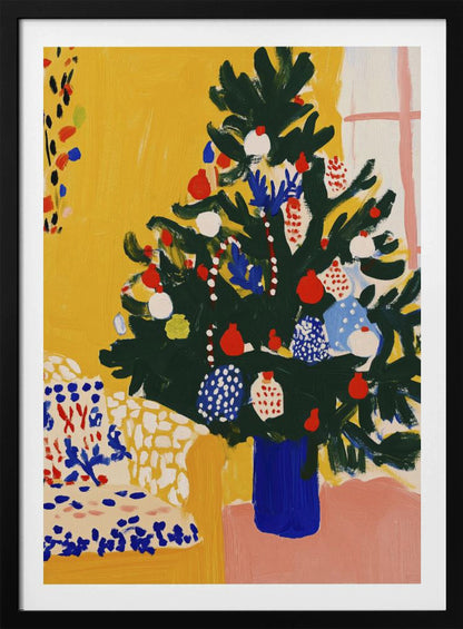 A vibrant, modern painting of a decorated Christmas tree in an expressive, painterly style. The dark green tree, adorned with red, white, and blue ornaments, stands in a cobalt blue vase against a bright yellow wall, with a patterned chair in the foreground. Artwork