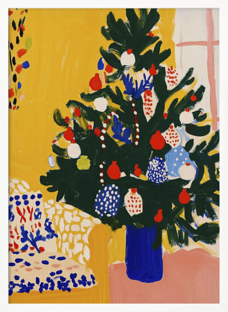 A vibrant, modern painting of a decorated Christmas tree in an expressive, painterly style. The dark green tree, adorned with red, white, and blue ornaments, stands in a cobalt blue vase against a bright yellow wall, with a patterned chair in the foreground. Artwork