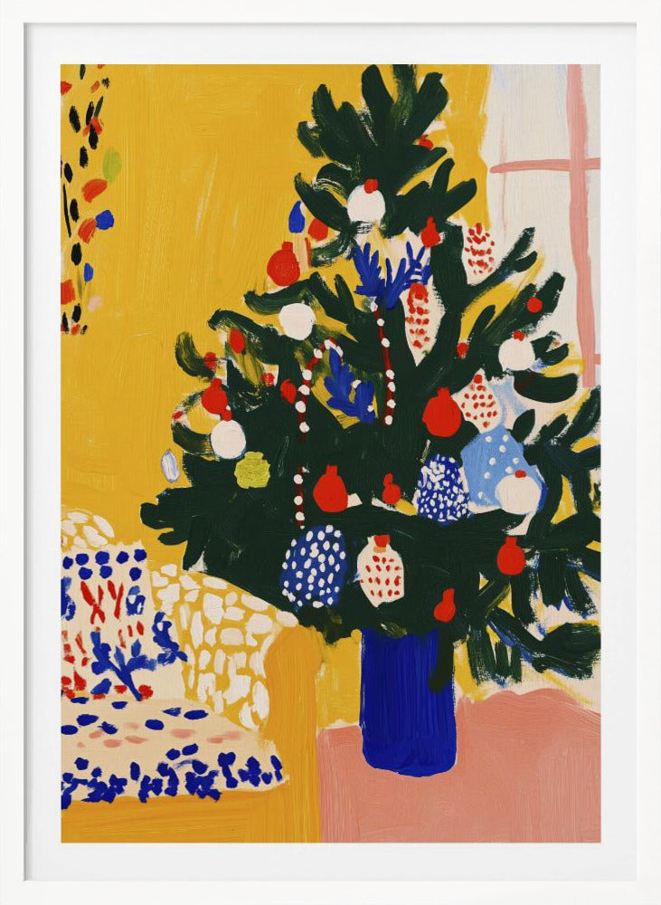 A vibrant, modern painting of a decorated Christmas tree in an expressive, painterly style. The dark green tree, adorned with red, white, and blue ornaments, stands in a cobalt blue vase against a bright yellow wall, with a patterned chair in the foreground. Artwork