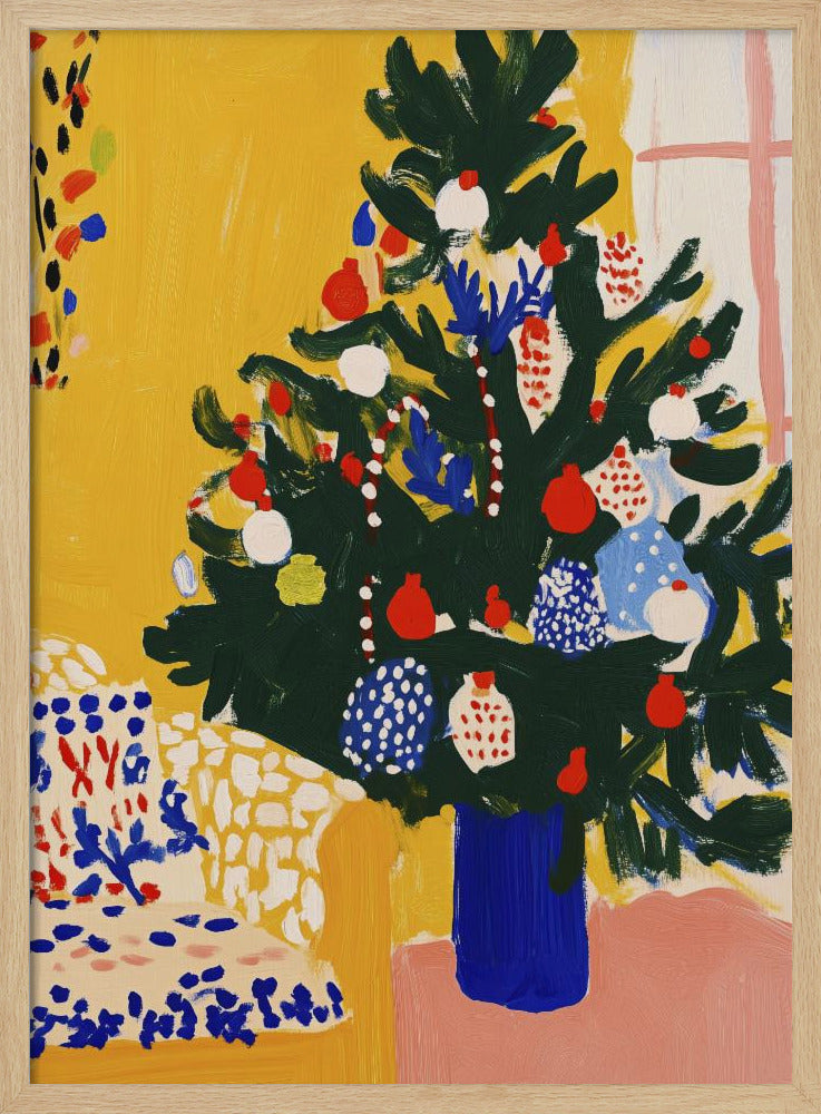 A vibrant, modern painting of a decorated Christmas tree in an expressive, painterly style. The dark green tree, adorned with red, white, and blue ornaments, stands in a cobalt blue vase against a bright yellow wall, with a patterned chair in the foreground. Artwork
