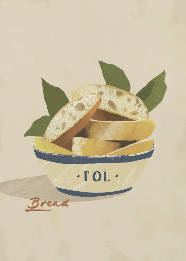 A poster or art print featuring a loaf of bread, possibly with a textured crust and a warm tone. Print