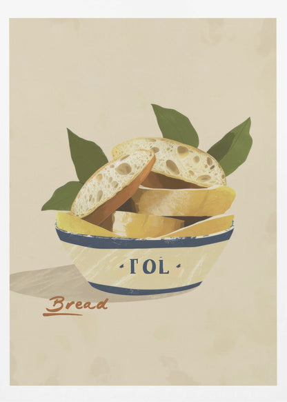 A poster or art print featuring a loaf of bread, possibly with a textured crust and a warm tone. Print