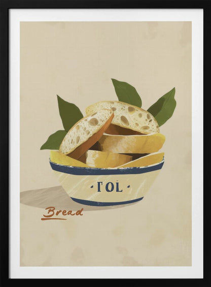 A poster or art print featuring a loaf of bread, possibly with a textured crust and a warm tone. Print