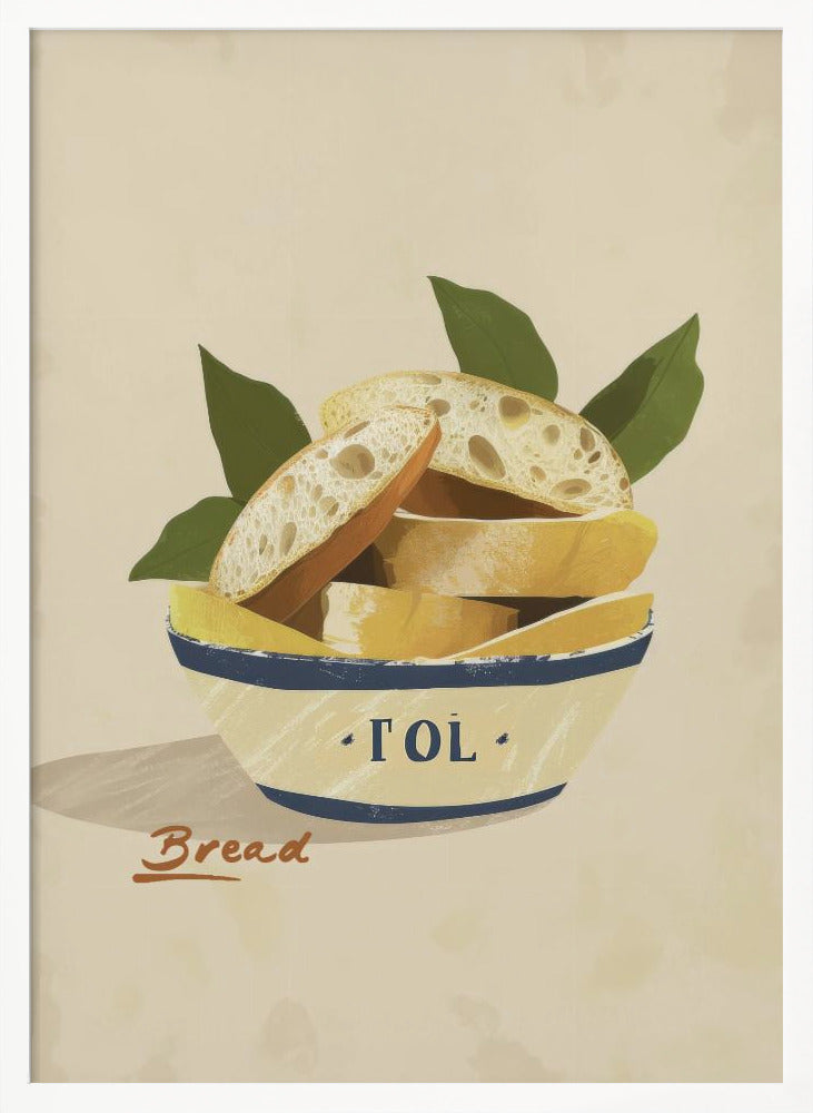 A poster or art print featuring a loaf of bread, possibly with a textured crust and a warm tone. Print