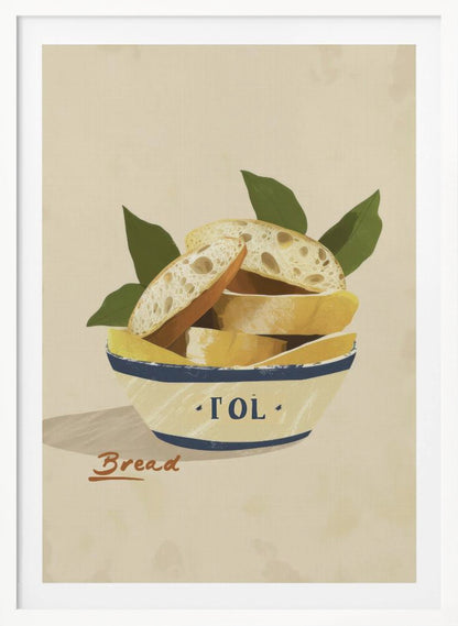 A poster or art print featuring a loaf of bread, possibly with a textured crust and a warm tone. Print
