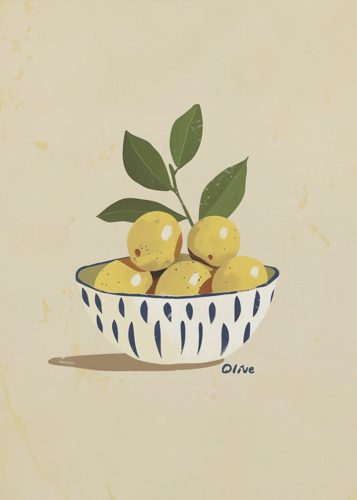 A framed still life illustration of a white bowl with a blue vertical dash pattern, filled with yellow lemons and a leafy green branch. The artwork is set against a textured, cream-colored background and is signed 'Olive' near the bowl. Print