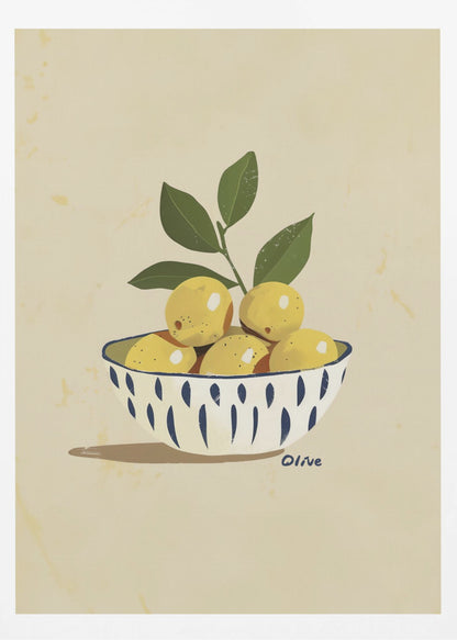 A framed still life illustration of a white bowl with a blue vertical dash pattern, filled with yellow lemons and a leafy green branch. The artwork is set against a textured, cream-colored background and is signed 'Olive' near the bowl. Print