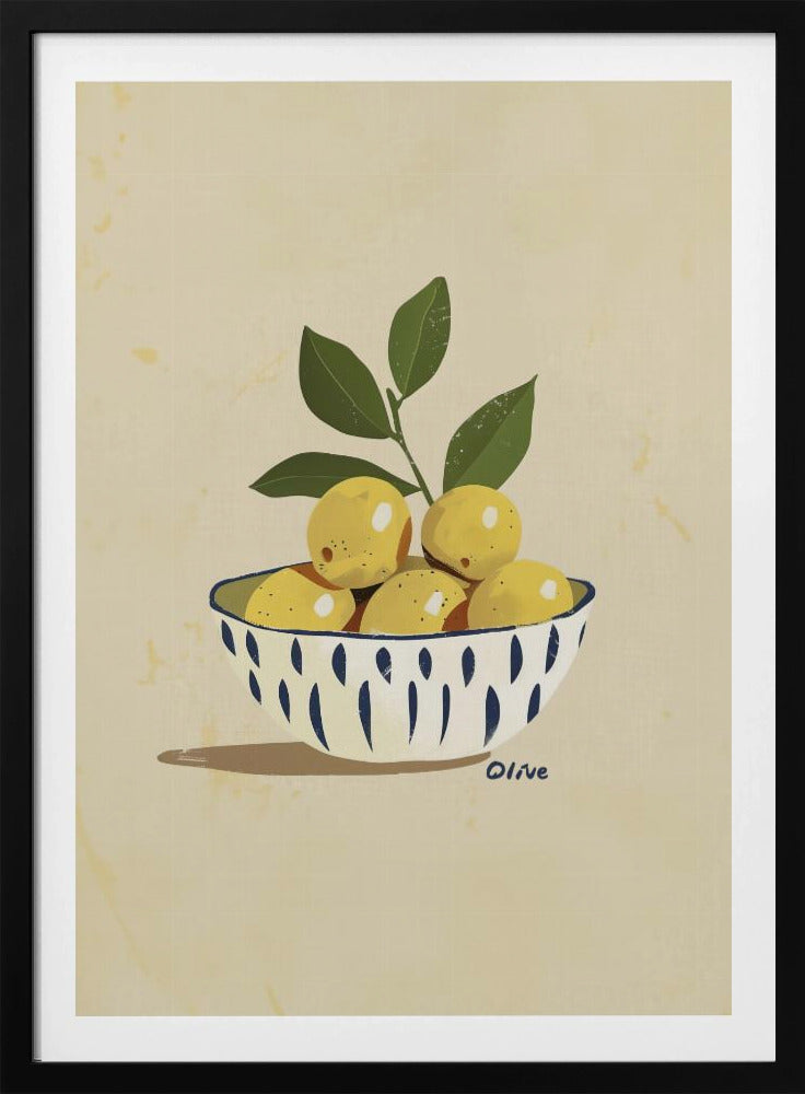 A framed still life illustration of a white bowl with a blue vertical dash pattern, filled with yellow lemons and a leafy green branch. The artwork is set against a textured, cream-colored background and is signed 'Olive' near the bowl. Print