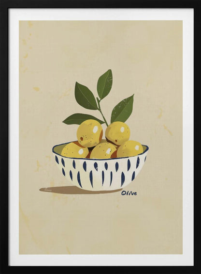 A framed still life illustration of a white bowl with a blue vertical dash pattern, filled with yellow lemons and a leafy green branch. The artwork is set against a textured, cream-colored background and is signed 'Olive' near the bowl. Print