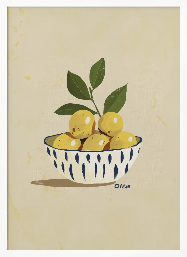A framed still life illustration of a white bowl with a blue vertical dash pattern, filled with yellow lemons and a leafy green branch. The artwork is set against a textured, cream-colored background and is signed 'Olive' near the bowl. Print