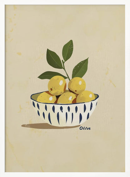 A framed still life illustration of a white bowl with a blue vertical dash pattern, filled with yellow lemons and a leafy green branch. The artwork is set against a textured, cream-colored background and is signed 'Olive' near the bowl. Print