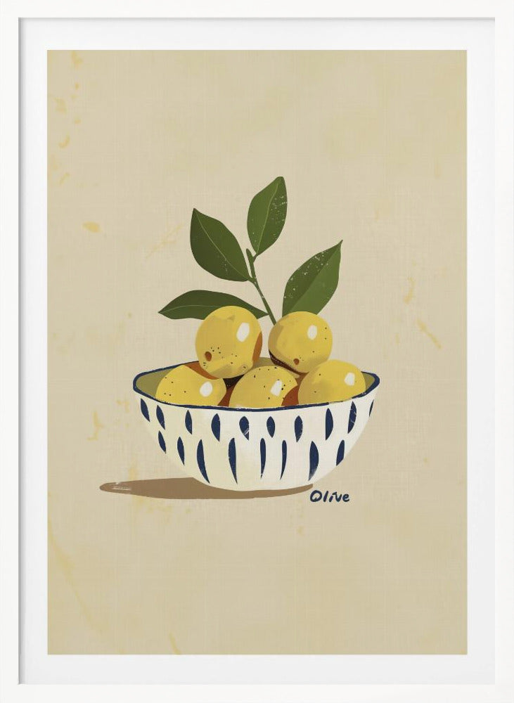 A framed still life illustration of a white bowl with a blue vertical dash pattern, filled with yellow lemons and a leafy green branch. The artwork is set against a textured, cream-colored background and is signed 'Olive' near the bowl. Print