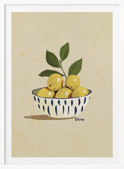 A framed still life illustration of a white bowl with a blue vertical dash pattern, filled with yellow lemons and a leafy green branch. The artwork is set against a textured, cream-colored background and is signed 'Olive' near the bowl. Print