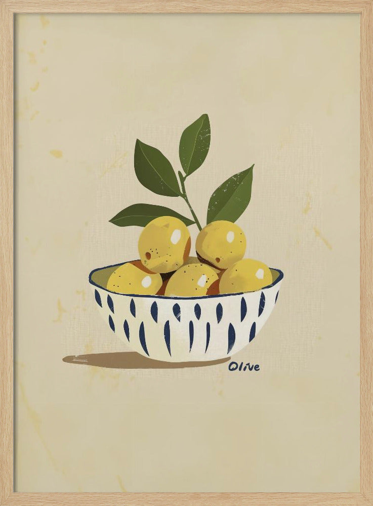 A framed still life illustration of a white bowl with a blue vertical dash pattern, filled with yellow lemons and a leafy green branch. The artwork is set against a textured, cream-colored background and is signed 'Olive' near the bowl. Print