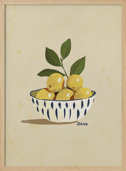A framed still life illustration of a white bowl with a blue vertical dash pattern, filled with yellow lemons and a leafy green branch. The artwork is set against a textured, cream-colored background and is signed 'Olive' near the bowl. Print