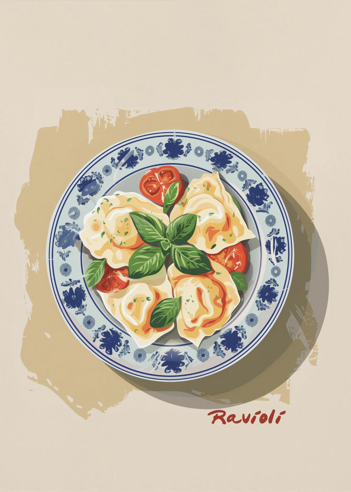 A vintage-style illustration of a plate of ravioli garnished with fresh basil and cherry tomatoes. The dish is served on a decorative blue and white patterned plate against a cream and beige background. The word 'Ravioli' is written in a cursive script at the bottom right. Print