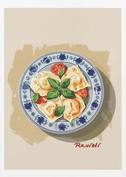A vintage-style illustration of a plate of ravioli garnished with fresh basil and cherry tomatoes. The dish is served on a decorative blue and white patterned plate against a cream and beige background. The word 'Ravioli' is written in a cursive script at the bottom right. Print