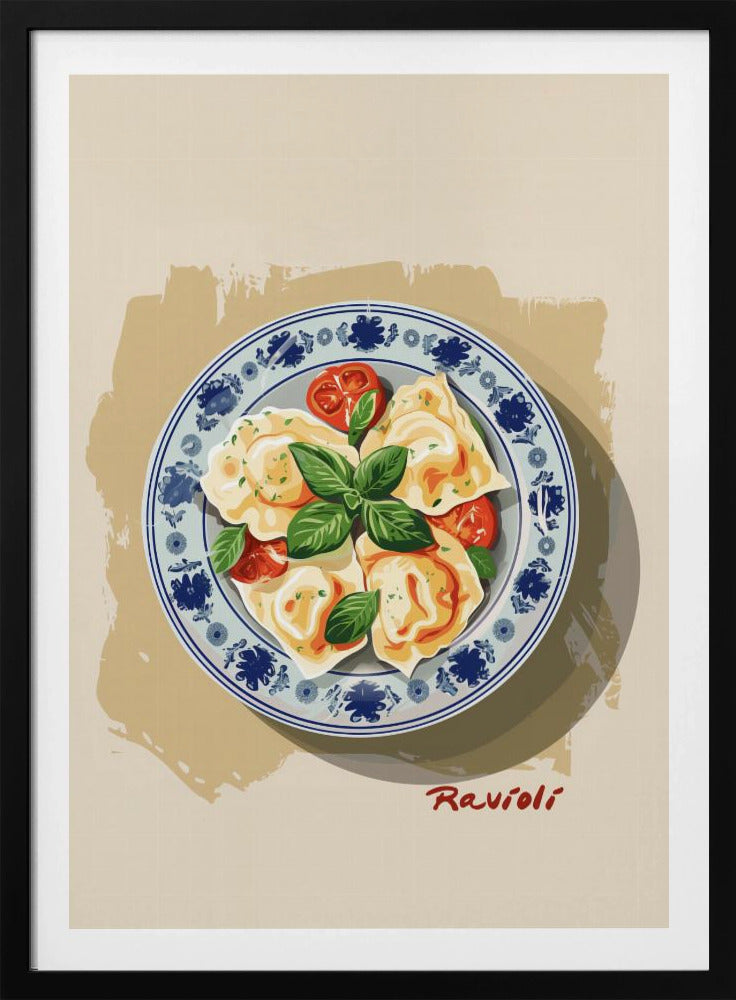 A vintage-style illustration of a plate of ravioli garnished with fresh basil and cherry tomatoes. The dish is served on a decorative blue and white patterned plate against a cream and beige background. The word 'Ravioli' is written in a cursive script at the bottom right. Print