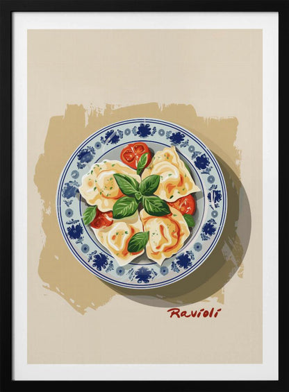 A vintage-style illustration of a plate of ravioli garnished with fresh basil and cherry tomatoes. The dish is served on a decorative blue and white patterned plate against a cream and beige background. The word 'Ravioli' is written in a cursive script at the bottom right. Print