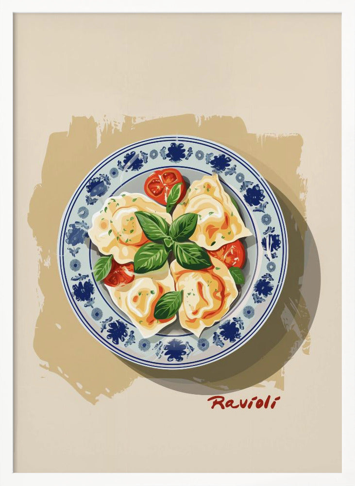 A vintage-style illustration of a plate of ravioli garnished with fresh basil and cherry tomatoes. The dish is served on a decorative blue and white patterned plate against a cream and beige background. The word 'Ravioli' is written in a cursive script at the bottom right. Print