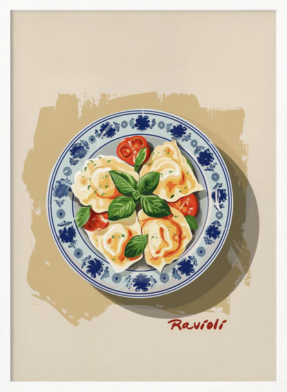 A vintage-style illustration of a plate of ravioli garnished with fresh basil and cherry tomatoes. The dish is served on a decorative blue and white patterned plate against a cream and beige background. The word 'Ravioli' is written in a cursive script at the bottom right. Print