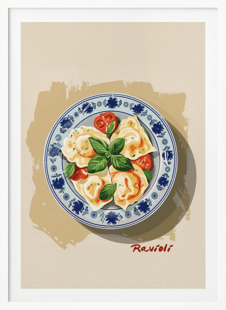 A vintage-style illustration of a plate of ravioli garnished with fresh basil and cherry tomatoes. The dish is served on a decorative blue and white patterned plate against a cream and beige background. The word 'Ravioli' is written in a cursive script at the bottom right. Print