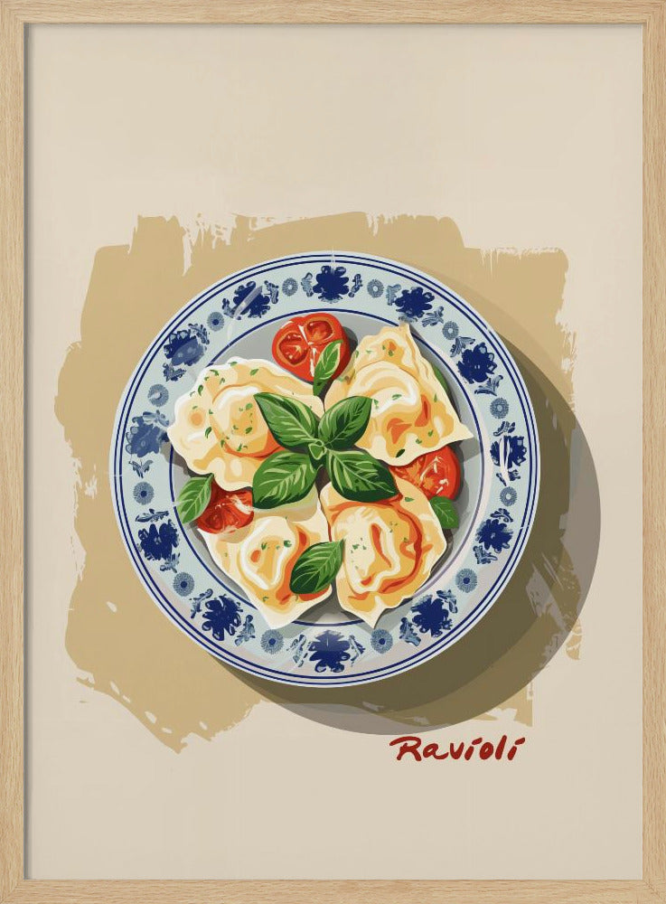 A vintage-style illustration of a plate of ravioli garnished with fresh basil and cherry tomatoes. The dish is served on a decorative blue and white patterned plate against a cream and beige background. The word 'Ravioli' is written in a cursive script at the bottom right. Print