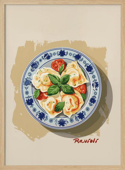 A vintage-style illustration of a plate of ravioli garnished with fresh basil and cherry tomatoes. The dish is served on a decorative blue and white patterned plate against a cream and beige background. The word 'Ravioli' is written in a cursive script at the bottom right. Print