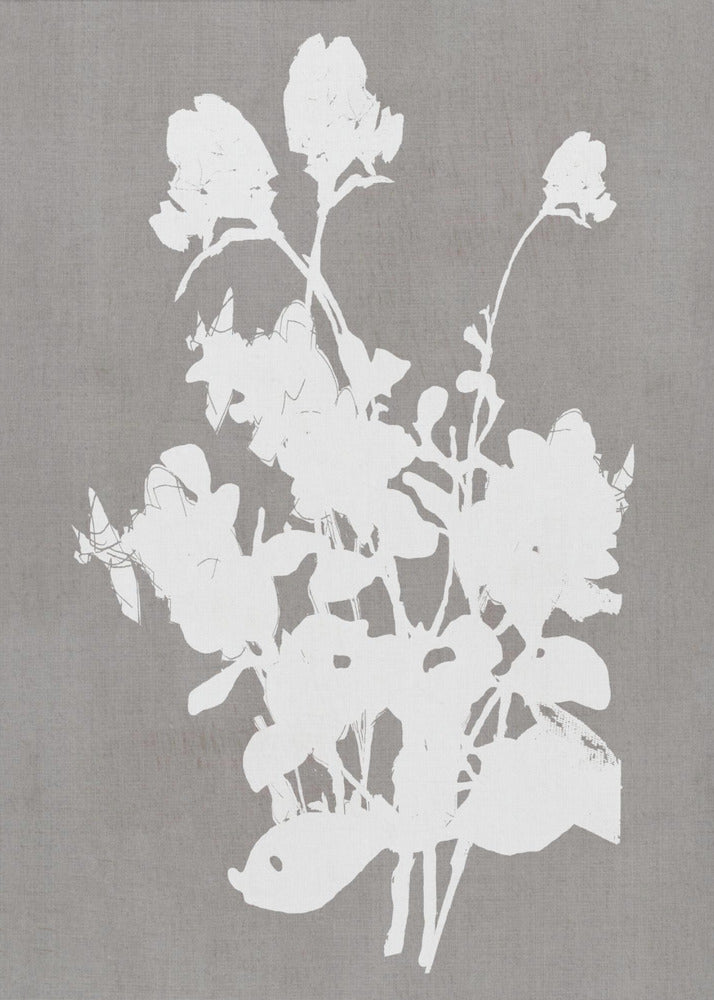 A minimalist piece of framed wall art featuring a stark white silhouette of a bouquet of flowers against a textured, solid gray background, enclosed in a thin black frame. Print