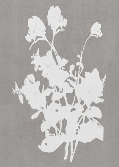 A minimalist piece of framed wall art featuring a stark white silhouette of a bouquet of flowers against a textured, solid gray background, enclosed in a thin black frame. Print