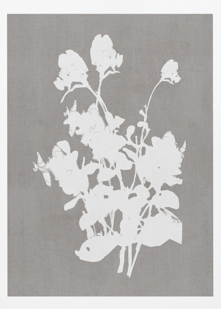 A minimalist piece of framed wall art featuring a stark white silhouette of a bouquet of flowers against a textured, solid gray background, enclosed in a thin black frame. Print