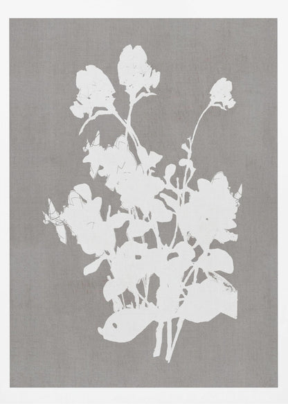 A minimalist piece of framed wall art featuring a stark white silhouette of a bouquet of flowers against a textured, solid gray background, enclosed in a thin black frame. Print