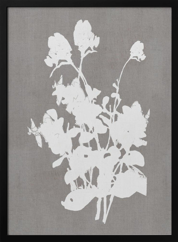 A minimalist piece of framed wall art featuring a stark white silhouette of a bouquet of flowers against a textured, solid gray background, enclosed in a thin black frame. Print