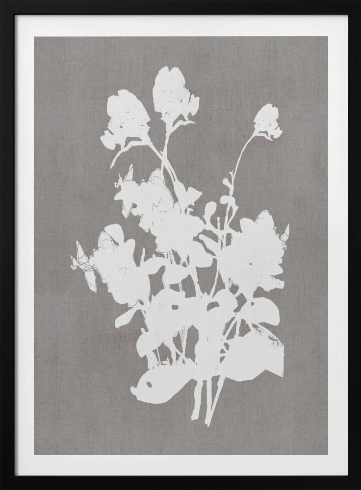 A minimalist piece of framed wall art featuring a stark white silhouette of a bouquet of flowers against a textured, solid gray background, enclosed in a thin black frame. Print
