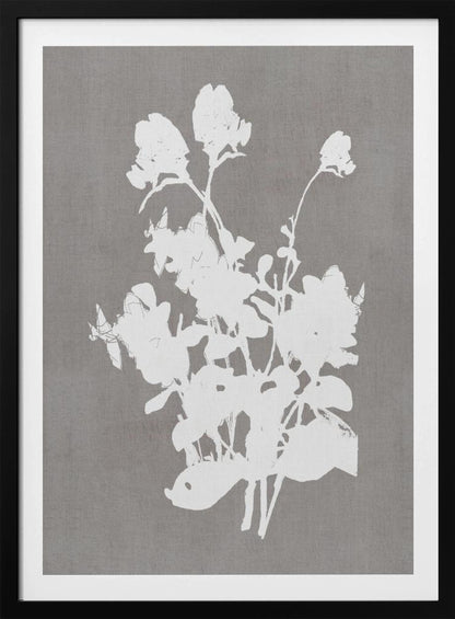 A minimalist piece of framed wall art featuring a stark white silhouette of a bouquet of flowers against a textured, solid gray background, enclosed in a thin black frame. Print
