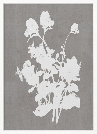 A minimalist piece of framed wall art featuring a stark white silhouette of a bouquet of flowers against a textured, solid gray background, enclosed in a thin black frame. Print