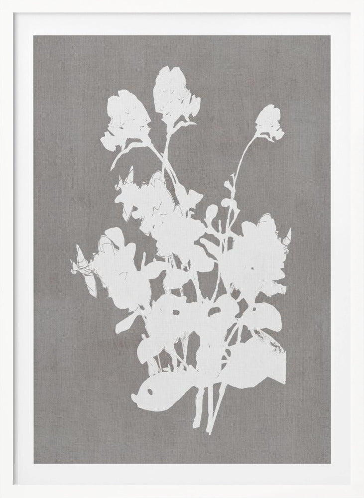 A minimalist piece of framed wall art featuring a stark white silhouette of a bouquet of flowers against a textured, solid gray background, enclosed in a thin black frame. Print
