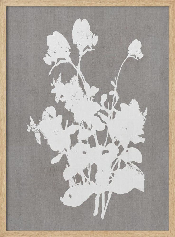 A minimalist piece of framed wall art featuring a stark white silhouette of a bouquet of flowers against a textured, solid gray background, enclosed in a thin black frame. Print