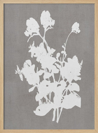 A minimalist piece of framed wall art featuring a stark white silhouette of a bouquet of flowers against a textured, solid gray background, enclosed in a thin black frame. Print