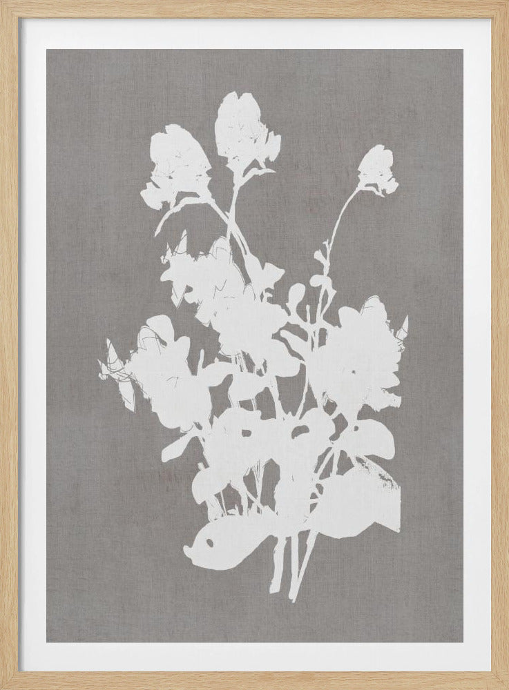 A minimalist piece of framed wall art featuring a stark white silhouette of a bouquet of flowers against a textured, solid gray background, enclosed in a thin black frame. Print