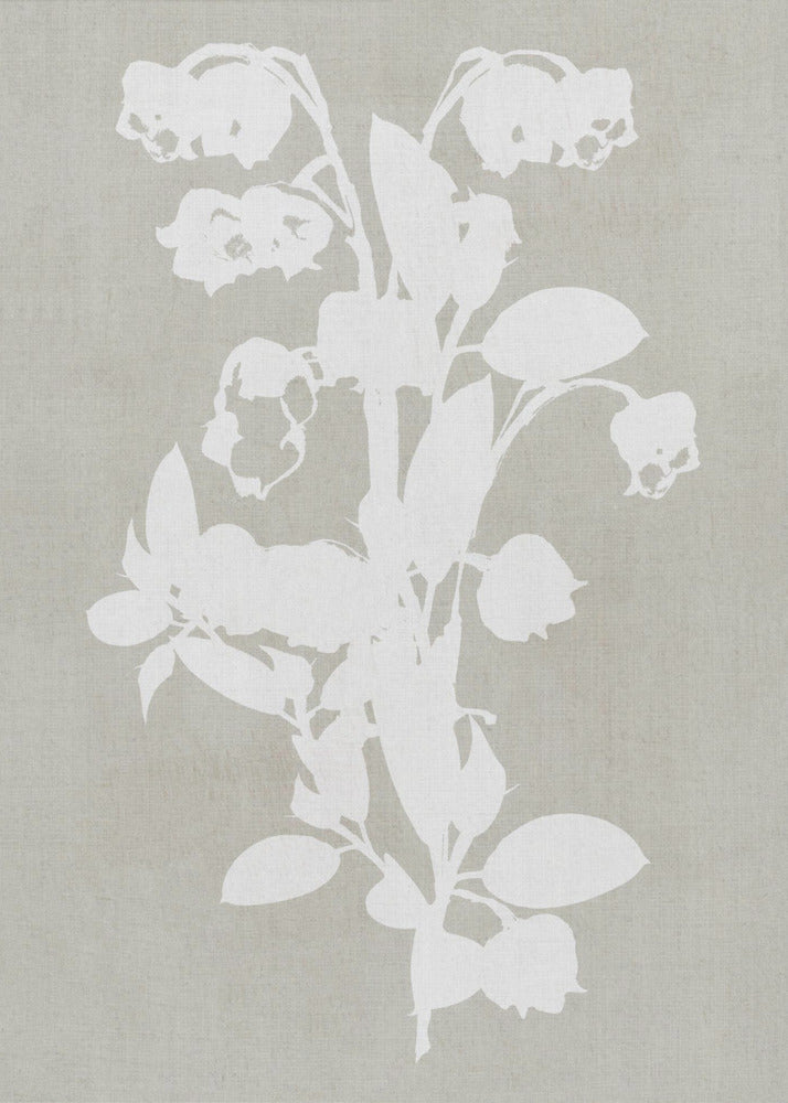A minimalist botanical artwork in a black frame, showing a white silhouette of a Lily of the Valley stalk against a muted, textured grey-beige background. Wall Art