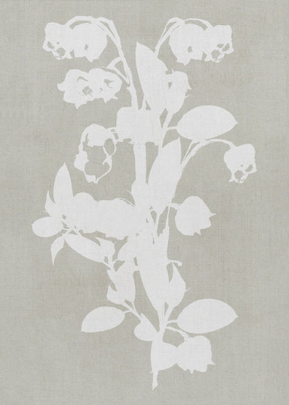 A minimalist botanical artwork in a black frame, showing a white silhouette of a Lily of the Valley stalk against a muted, textured grey-beige background. Wall Art