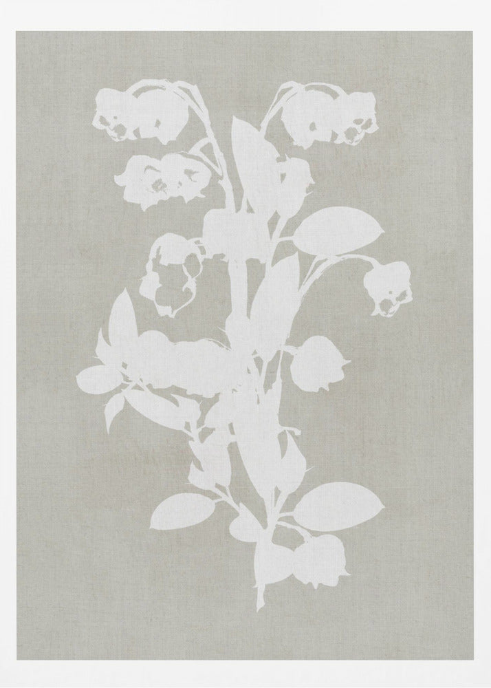 A minimalist botanical artwork in a black frame, showing a white silhouette of a Lily of the Valley stalk against a muted, textured grey-beige background. Wall Art