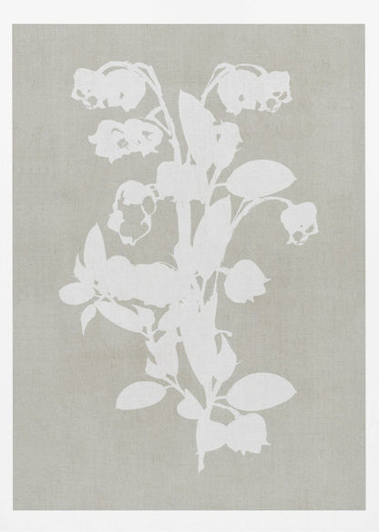 A minimalist botanical artwork in a black frame, showing a white silhouette of a Lily of the Valley stalk against a muted, textured grey-beige background. Wall Art